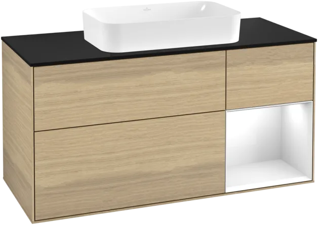 VILLEROY BOCH Toaletní skříňka Finion, s osvětlením, 3 výsuvy, 1200 x 603 x 501 mm, dubová dýha / lesklý bílý lak / černé matné sklo #F302GFPC