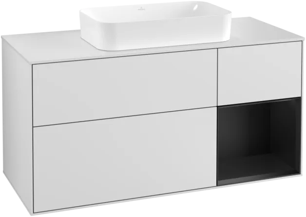 VILLEROY BOCH Toaletní skříňka Finion, s osvětlením, 3 výsuvy, 1200 x 603 x 501 mm, bílý matný lak / černý matný lak / bílé matné sklo #F301PDMT