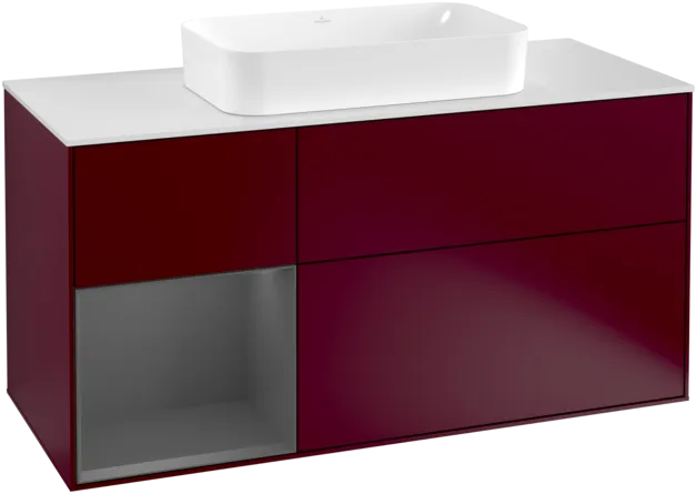 VILLEROY BOCH Toaletní skříňka Finion, s osvětlením, 3 výsuvy, 1200 x 603 x 501 mm, matný lak Pivoňka / matný lak Antracit / matné sklo Bílá #F291GKHB
