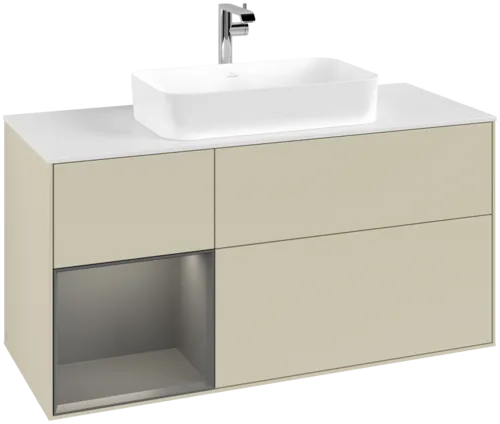 VILLEROY BOCH Toaletní skříňka Finion, s osvětlením, 3 výsuvy, 1200 x 603 x 501 mm, hedvábně šedý matný lak / antracitový matný lak / bílé matné sklo #F291GKHJ