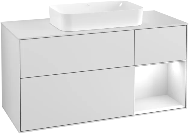 VILLEROY BOCH Umyvadlová skříňka Finion, s osvětlením, 3 výsuvy, 1200 x 603 x 501 mm, bílý matný lak / bílý lesklý lak / bílé matné sklo #F301GFMT