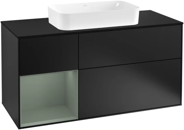 VILLEROY BOCH Toaletní skříňka Finion, s osvětlením, 3 výsuvy, 1200 x 603 x 501 mm, černý matný lak / olivový matný lak / černé matné sklo #F292GMPD