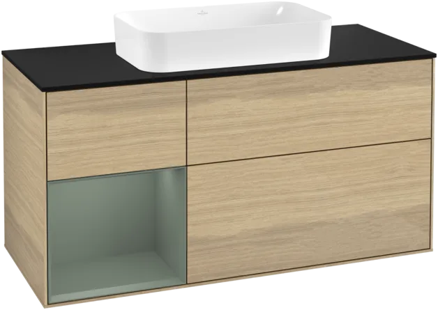 VILLEROY BOCH Toaletní skříňka Finion, s osvětlením, 3 výsuvy, 1200 x 603 x 501 mm, dubová dýha / olivově matný lak / sklo černé matné #F292GMPC