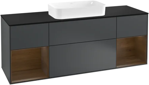 VILLEROY BOCH Toaletní skříňka Finion, s osvětlením, 4 výsuvy, 1600 x 603 x 501 mm, půlnočně modrý matný lak / ořechová dýha / černé matné sklo #F332GNHG