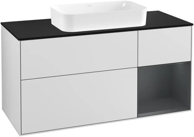 VILLEROY BOCH Toaletní skříňka Finion, s osvětlením, 3 výsuvy, 1200 x 603 x 501 mm, bílý matný lak / půlnoční modrý matný lak / černé matné sklo #F302HGMT