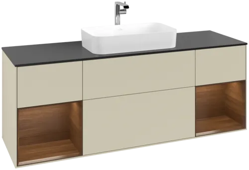VILLEROY BOCH Toaletní skříňka Finion, s osvětlením, 4 výsuvy, 1600 x 603 x 501 mm, hedvábně šedý matný lak / ořechová dýha / černé matné sklo #F332GNHJ