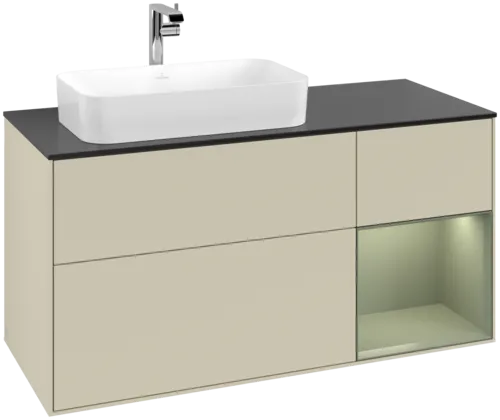 VILLEROY BOCH Toaletní skříňka Finion, s osvětlením, 3 výsuvy, 1200 x 603 x 501 mm, hedvábně šedý matný lak / olivový matný lak / černé matné sklo #F282GMHJ