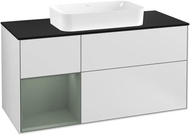 VILLEROY BOCH Toaletní skříňka Finion, s osvětlením, 3 výsuvy, 1200 x 603 x 501 mm, bílý matný lak / olivový matný lak / černé matné sklo #F292GMMT