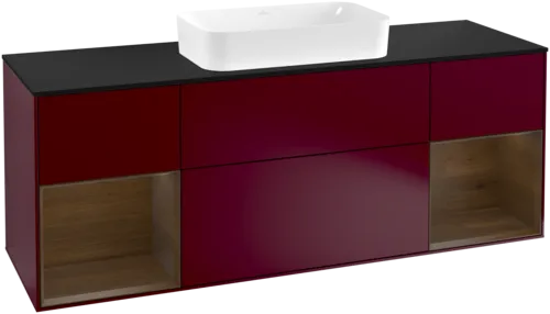 VILLEROY BOCH Toaletní skříňka Finion, s osvětlením, 4 výsuvy, 1600 x 603 x 501 mm, matný lak Peony / ořechová dýha / černé matné sklo #F332GNHB