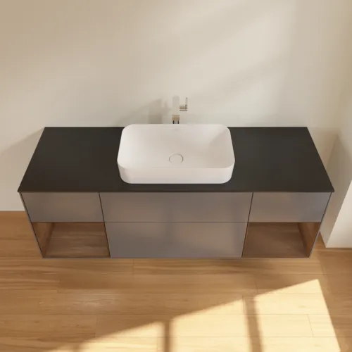 VILLEROY BOCH Toaletní skříňka Finion, s osvětlením, 4 výsuvy, 1600 x 603 x 501 mm, antracitový matný lak / ořechová dýha / černé matné sklo #F332GNGK, obrázek 4