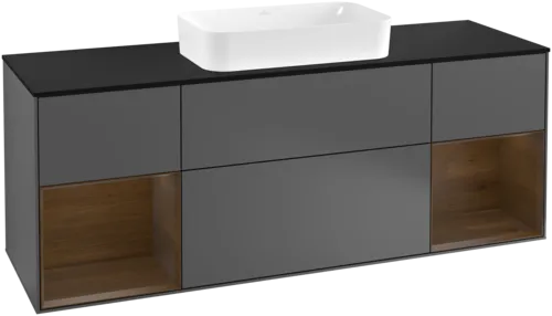 VILLEROY BOCH Toaletní skříňka Finion, s osvětlením, 4 výsuvy, 1600 x 603 x 501 mm, antracitový matný lak / ořechová dýha / černé matné sklo #F332GNGK