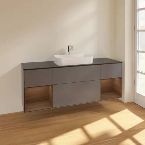 VILLEROY BOCH Toaletní skříňka Finion, s osvětlením, 4 výsuvy, 1600 x 603 x 501 mm, antracitový matný lak / ořechová dýha / černé matné sklo #F332GNGK, obrázek 2