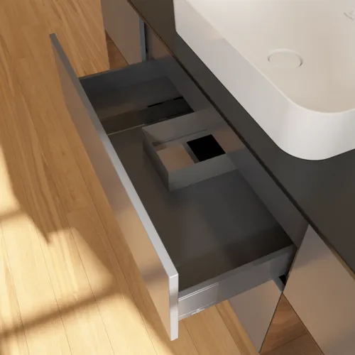 VILLEROY BOCH Toaletní skříňka Finion, s osvětlením, 4 výsuvy, 1600 x 603 x 501 mm, antracitový matný lak / ořechová dýha / černé matné sklo #F332GNGK, obrázek 8