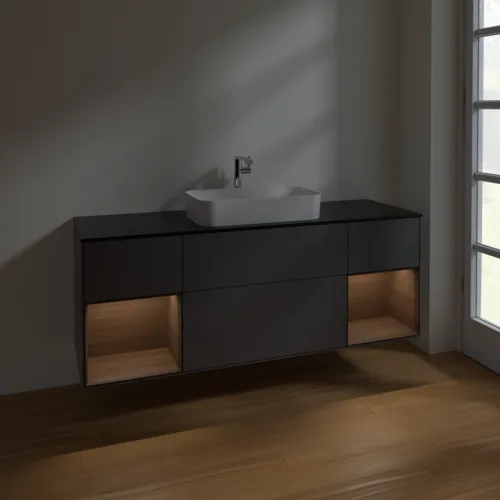 VILLEROY BOCH Toaletní skříňka Finion, s osvětlením, 4 výsuvy, 1600 x 603 x 501 mm, antracitový matný lak / ořechová dýha / černé matné sklo #F332GNGK, obrázek 5