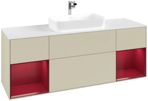 VILLEROY BOCH Toaletní skříňka Finion, s osvětlením, 4 výsuvy, 1600 x 603 x 501 mm, Silk Grey Matt Lacquer / Peony Matt Lacquer / Glass White Matt #F331HBHJ