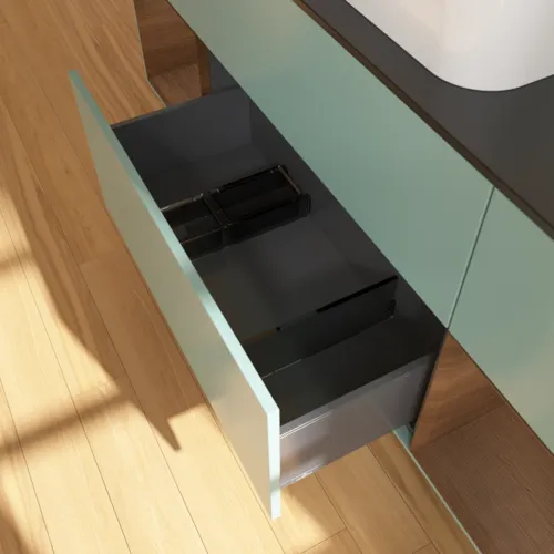 VILLEROY BOCH Toaletní skříňka Finion, s osvětlením, 4 výsuvy, 1600 x 603 x 501 mm, olivový matný lak / ořechová dýha / černé matné sklo #F332GNGM, obrázek 7