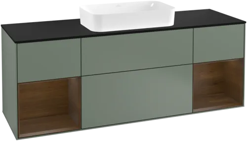 VILLEROY BOCH Toaletní skříňka Finion, s osvětlením, 4 výsuvy, 1600 x 603 x 501 mm, olivový matný lak / ořechová dýha / černé matné sklo #F332GNGM