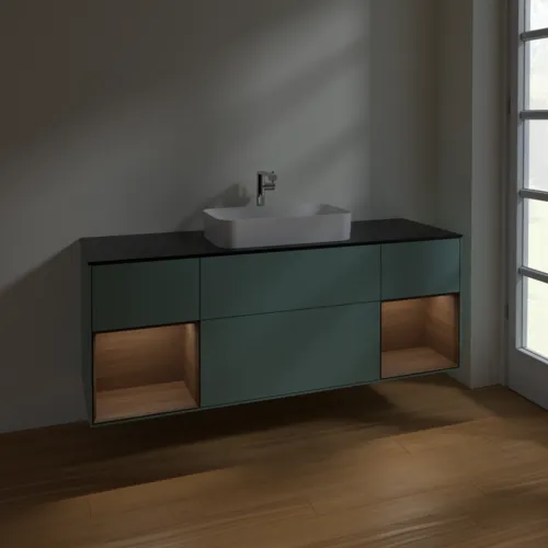 VILLEROY BOCH Toaletní skříňka Finion, s osvětlením, 4 výsuvy, 1600 x 603 x 501 mm, olivový matný lak / ořechová dýha / černé matné sklo #F332GNGM, obrázek 5