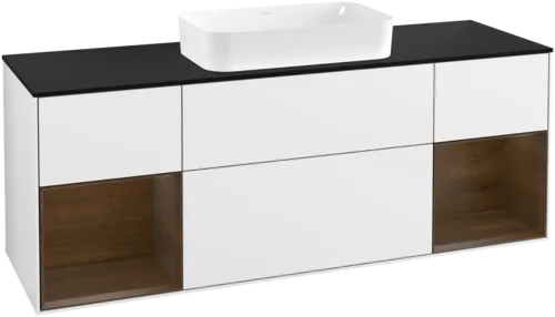 VILLEROY BOCH Toaletní skříňka Finion, s osvětlením, 4 výsuvy, 1600 x 603 x 501 mm, lesklý bílý lak / ořechová dýha / černé matné sklo #F332GNGF