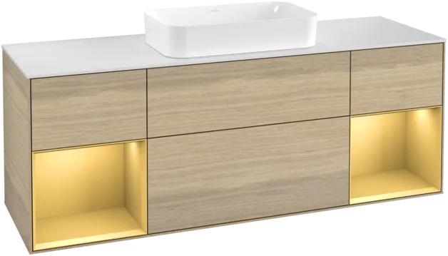 VILLEROY BOCH Toaletní skříňka Finion, s osvětlením, 4 výsuvy, 1600 x 603 x 501 mm, dubová dýha / zlatý matný lak / bílé matné sklo #F331HFPC