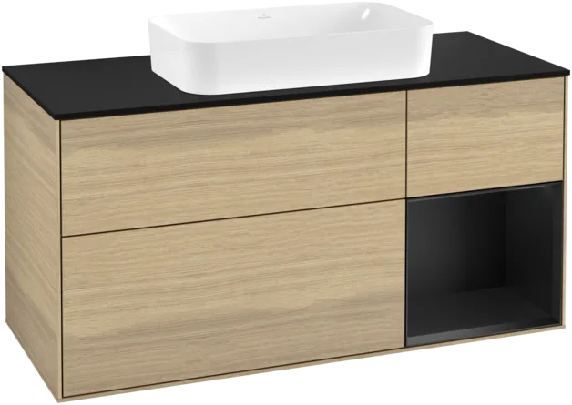 VILLEROY BOCH Toaletní skříňka Finion, s osvětlením, 3 výsuvy, 1200 x 603 x 501 mm, dubová dýha / černý matný lak / černé matné sklo #F302PDPC