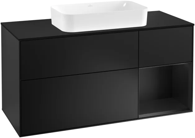VILLEROY BOCH Toaletní skříňka Finion, s osvětlením, 3 výsuvy, 1200 x 603 x 501 mm, černý matný lak / černý matný lak / černé matné sklo #F302PDPD