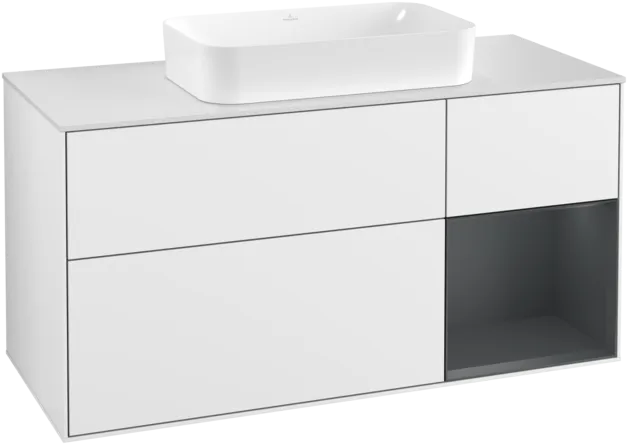 VILLEROY BOCH Toaletní skříňka Finion, s osvětlením, 3 výsuvy, 1200 x 603 x 501 mm, lesklý bílý lak / půlnoční modrý matný lak / bílé matné sklo #F301HGGF