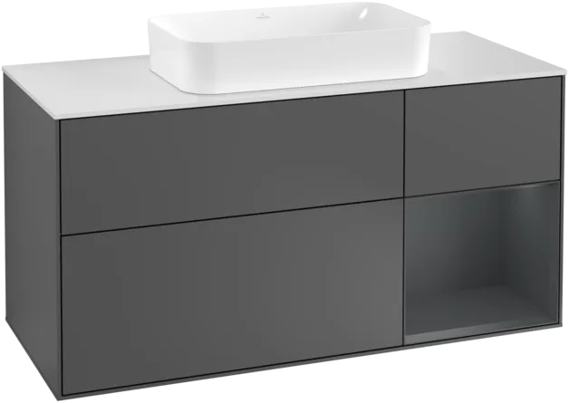 VILLEROY BOCH Toaletní skříňka Finion, s osvětlením, 3 výsuvy, 1200 x 603 x 501 mm, antracitový matný lak / půlnoční modrý matný lak / bílé matné sklo #F301HGGK