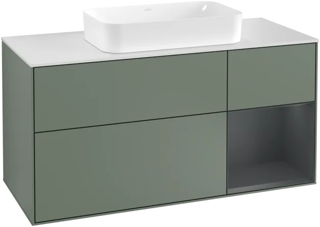 VILLEROY BOCH Toaletní skříňka Finion, s osvětlením, 3 výsuvy, 1200 x 603 x 501 mm, olivový matný lak / půlnoční modrý matný lak / bílé matné sklo #F301HGGM