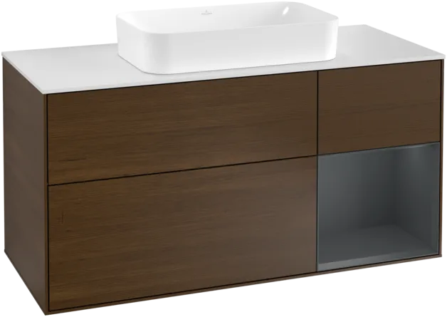 VILLEROY BOCH Toaletní skříňka Finion, s osvětlením, 3 výsuvy, 1200 x 603 x 501 mm, ořechová dýha / půlnočně modrý matný lak / sklo bílé matné #F301HGGN