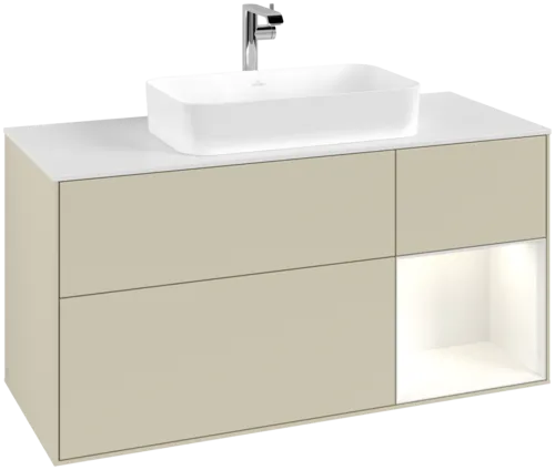 VILLEROY BOCH Toaletní skříňka Finion, s osvětlením, 3 výsuvy, 1200 x 603 x 501 mm, hedvábně šedý matný lak / lesklý bílý lak / bílé matné sklo #F301GFHJ