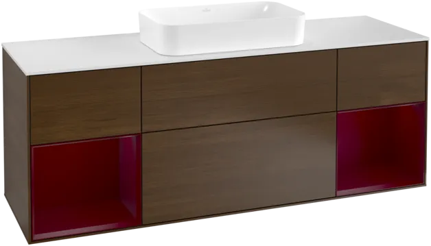 VILLEROY BOCH Toaletní skříňka Finion, s osvětlením, 4 výsuvy, 1600 x 603 x 501 mm, ořechová dýha / matný lak Pivoňka / matné bílé sklo #F331HBGN
