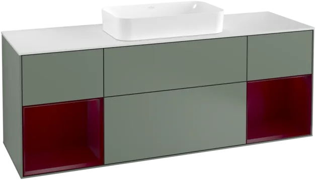 VILLEROY BOCH Toaletní skříňka Finion, s osvětlením, 4 výsuvy, 1600 x 603 x 501 mm, olivový matný lak / pivoňkový matný lak / bílé matné sklo #F331HBGM