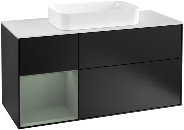 VILLEROY BOCH Toaletní skříňka Finion, s osvětlením, 3 výsuvy, 1200 x 603 x 501 mm, černý matný lak / olivový matný lak / bílé matné sklo #F291GMPD