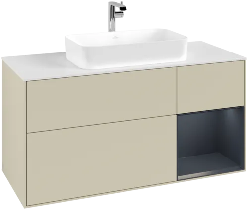 VILLEROY BOCH Toaletní skříňka Finion, s osvětlením, 3 výsuvy, 1200 x 603 x 501 mm, hedvábně šedý matný lak / půlnočně modrý matný lak / bílé matné sklo #F301HGHJ