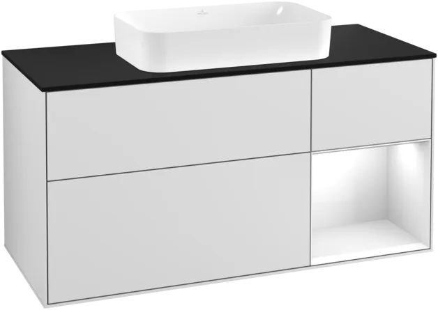 VILLEROY BOCH Toaletní skříňka Finion, s osvětlením, 3 výsuvy, 1200 x 603 x 501 mm, bílý matný lak / bílý lesklý lak / černé matné sklo #F302GFMT