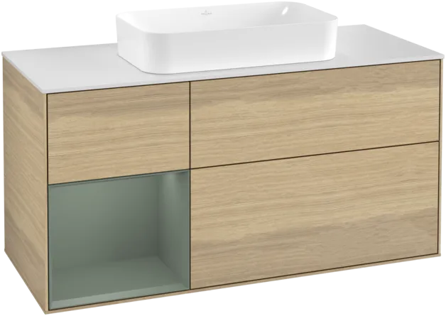 VILLEROY BOCH Toaletní skříňka Finion, s osvětlením, 3 výsuvy, 1200 x 603 x 501 mm, dubová dýha / olivový matný lak / sklo bílé matné #F291GMPC