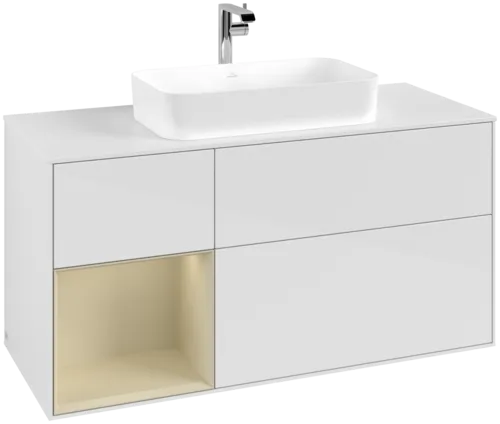 VILLEROY BOCH Toaletní skříňka Finion, s osvětlením, 3 výsuvy, 1200 x 603 x 501 mm, lesklý bílý lak / hedvábně šedý matný lak / bílé matné sklo #F291HJGF