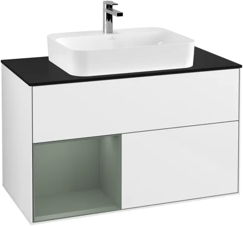 VILLEROY BOCH Toaletní skříňka Finion, s osvětlením, 2 výsuvy, 1000 x 603 x 501 mm, lesklý bílý lak / olivově matný lak / černé matné sklo #F362GMGF, obrázek 1