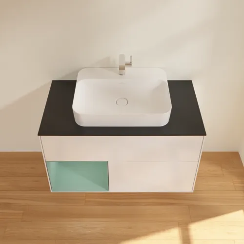 VILLEROY BOCH Toaletní skříňka Finion, s osvětlením, 2 výsuvy, 1000 x 603 x 501 mm, lesklý bílý lak / olivově matný lak / černé matné sklo #F362GMGF, obrázek 4
