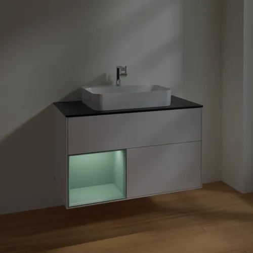 VILLEROY BOCH Toaletní skříňka Finion, s osvětlením, 2 výsuvy, 1000 x 603 x 501 mm, lesklý bílý lak / olivově matný lak / černé matné sklo #F362GMGF, obrázek 5