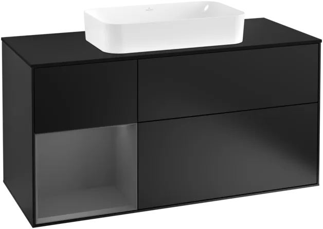 VILLEROY BOCH Toaletní skříňka Finion, s osvětlením, 3 výsuvy, 1200 x 603 x 501 mm, černý matný lak / antracitový matný lak / černé matné sklo #F292GKPD