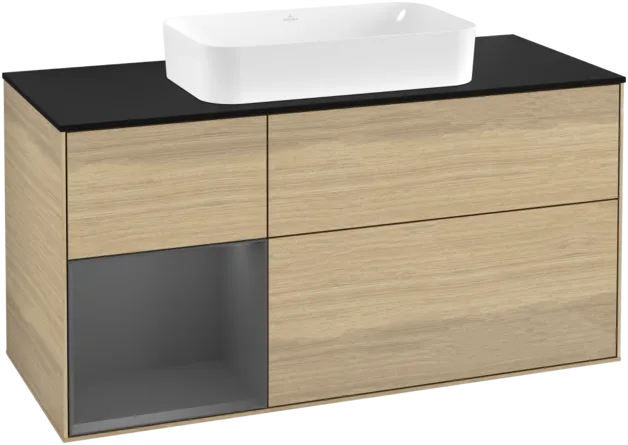 VILLEROY BOCH Toaletní skříňka Finion, s osvětlením, 3 výsuvy, 1200 x 603 x 501 mm, dubová dýha / antracitový matný lak / černé matné sklo #F292GKPC