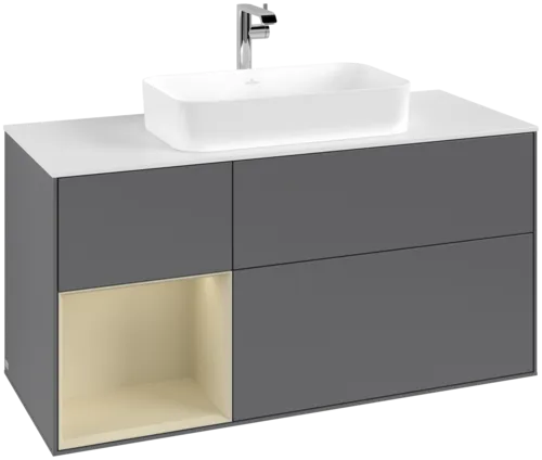 VILLEROY BOCH Toaletní skříňka Finion, s osvětlením, 3 výsuvy, 1200 x 603 x 501 mm, antracitový matný lak / hedvábně šedý matný lak / bílé matné sklo #F291HJGK