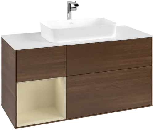 VILLEROY BOCH Toaletní skříňka Finion, s osvětlením, 3 výsuvy, 1200 x 603 x 501 mm, ořechová dýha / hedvábně šedý matný lak / sklo bílé matné #F291HJGN