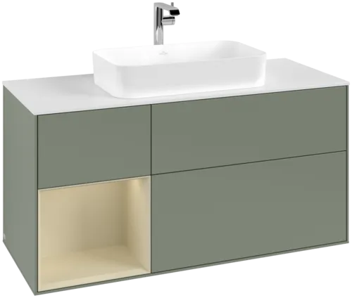 VILLEROY BOCH Toaletní skříňka Finion, s osvětlením, 3 výsuvy, 1200 x 603 x 501 mm, olivový matný lak / hedvábně šedý matný lak / bílé matné sklo #F291HJGM