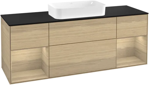 VILLEROY BOCH Toaletní stolek Finion, s osvětlením, 4 výsuvy, 1600 x 603 x 501 mm, dubová dýha / dubová dýha / sklo černé matné #F332PCPC