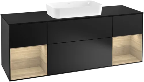 VILLEROY BOCH Toaletní skříňka Finion, s osvětlením, 4 výsuvy, 1600 x 603 x 501 mm, černý matný lak / dubová dýha / černé matné sklo #F332PCPD