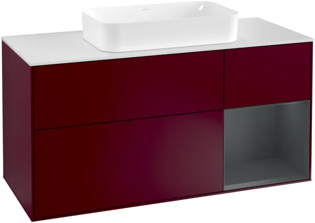VILLEROY BOCH Toaletní skříňka Finion, s osvětlením, 3 výsuvy, 1200 x 603 x 501 mm, Pivoňka matný lak / Půlnoční modrá matný lak / Sklo bílé matné #F301HGHB