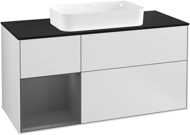 VILLEROY BOCH Toaletní skříňka Finion, s osvětlením, 3 výsuvy, 1200 x 603 x 501 mm, bílý matný lak / antracitový matný lak / černé matné sklo #F292GKMT